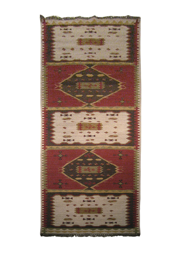 Oriental Rug Indian Handmade Runner Tribal 3'2"x9'7" (3x10) Multi-color Red Brown Dhurrie Tea Washed Geeta Design #A21662