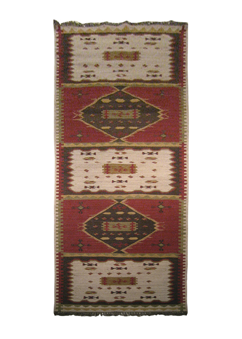 Oriental Rug Indian Handmade Runner Tribal 3'2"x9'7" (3x10) Multi-color Red Brown Dhurrie Tea Washed Geeta Design #A21662