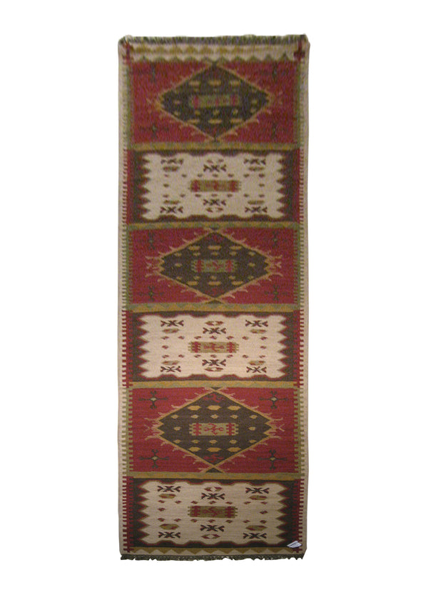 Oriental Rug Indian Handmade Runner Tribal 3'2"x11'11" (3x12) Multi-color Red Brown Dhurrie Tea Washed Geeta Design #A21664