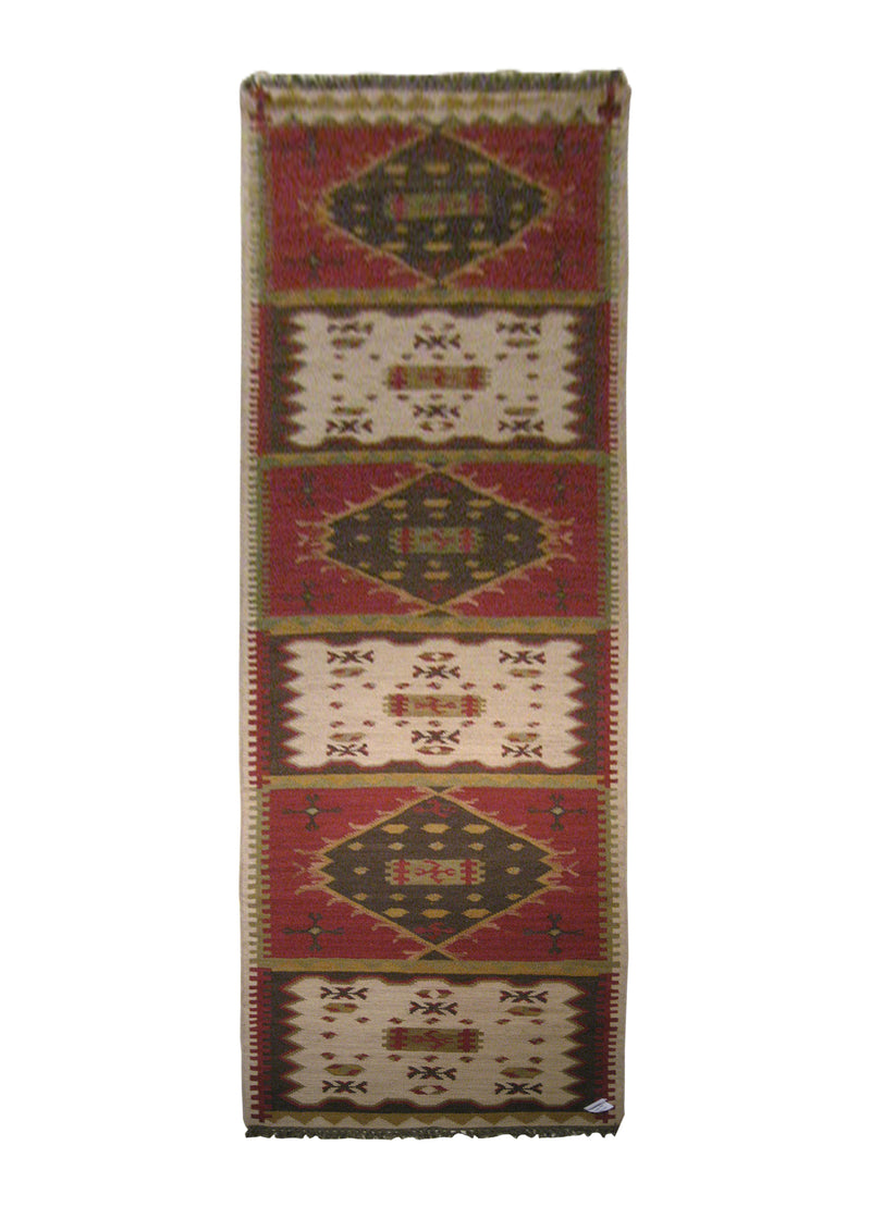 Oriental Rug Indian Handmade Runner Tribal 3'2"x11'11" (3x12) Multi-color Red Brown Dhurrie Tea Washed Geeta Design #A21664