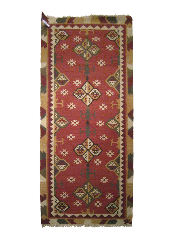 Oriental Rug Indian Handmade Runner Tribal 3'0"x8'0" (3x8) Red Multi-color Dhurrie Tea Washed Geometric Kilim Design #A21684