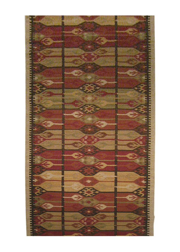 Oriental Rug Indian Handmade Runner Tribal 3'0"x11'11" (3x12) Multi-color Red Whites/Beige Dhurrie Tea Washed Design #A21687