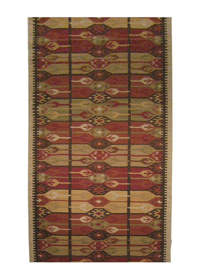 Oriental Rug Indian Handmade Runner Tribal 3'0"x11'11" (3x12) Multi-color Red Whites/Beige Dhurrie Tea Washed Design #A21687