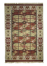 Oriental Rug Indian Handmade Area Tribal 4'0"x6'0" (4x6) Multi-color Green Whites/Beige Dhurrie Tea Washed Design #A21702
