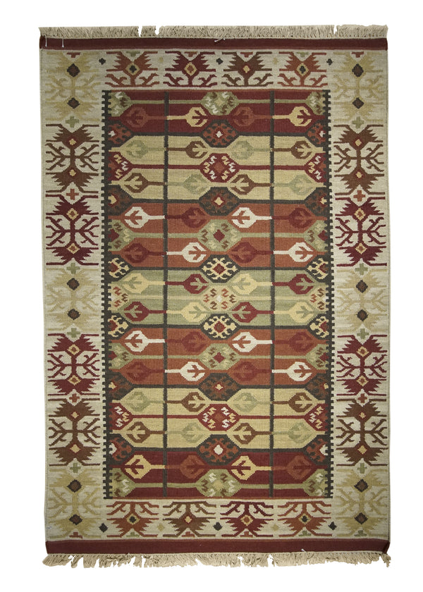 Oriental Rug Indian Handmade Area Tribal 4'0"x6'0" (4x6) Multi-color Green Whites/Beige Dhurrie Tea Washed Design #A21702