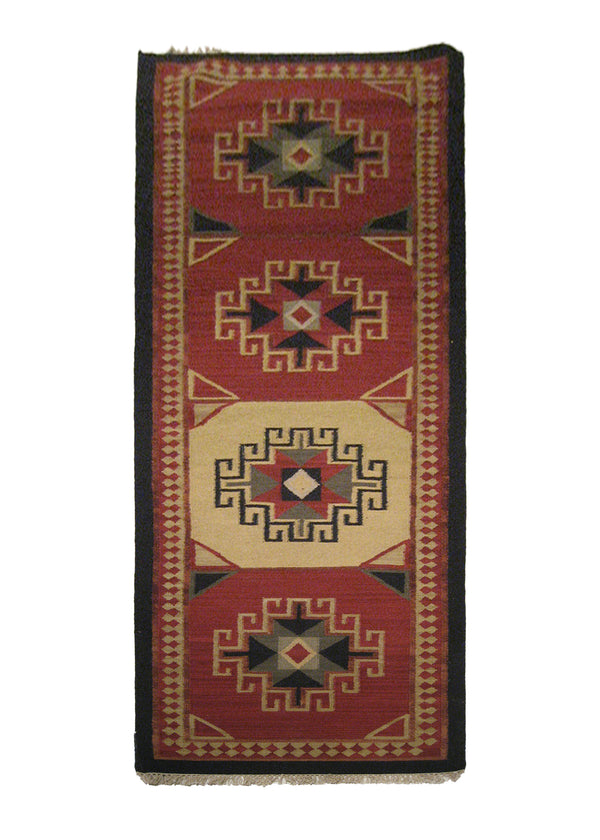 Oriental Rug Indian Handmade Runner Tribal 2'11"x9'8" (3x10) Red Dhurrie Tea Washed Design #A21716