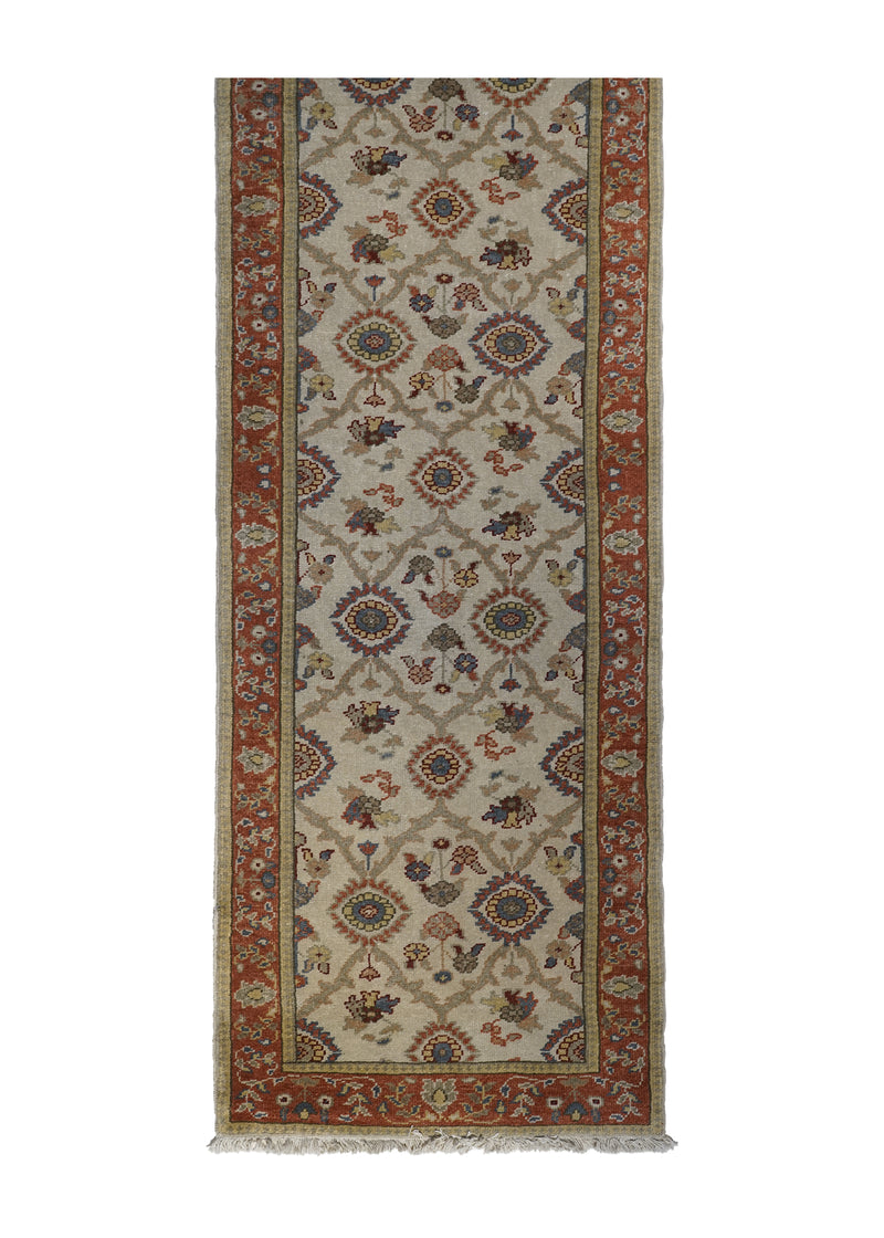 Oriental Rug Turkish Handmade Runner Tribal 2'6"x14'5" (3x14) Whites/Beige Red Oushak Floral Design #A21762