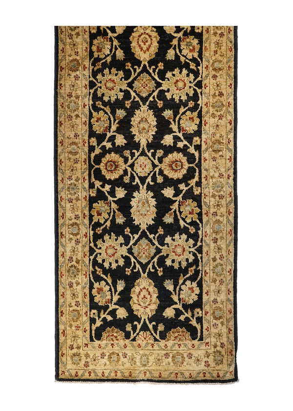 Oriental Rug Pakistani Handmade Runner Transitional 2'8"x12'9" (3x13) Black Yellow/Gold Antique Washed Oushak Floral Design #A22015