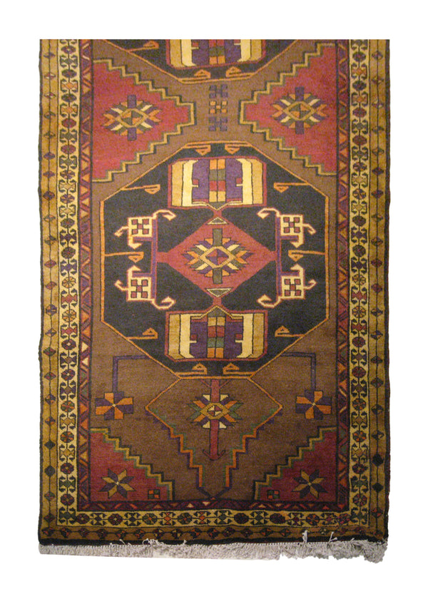 Persian Rug Azerbaijan Handmade Runner Tribal 3'10"x12'9" (4x13) Brown Whites/Beige Geometric Design #A22070