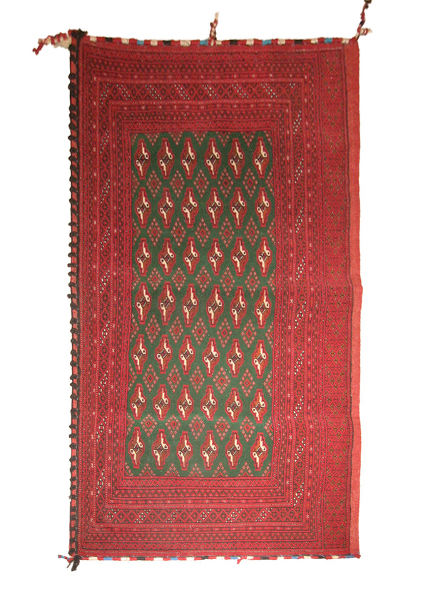 Persian Rug Turkmen Handmade Pillow Tribal 2'4"x4'5" (2x4) Green Red Elephant Foot Bokhara Design #A22072