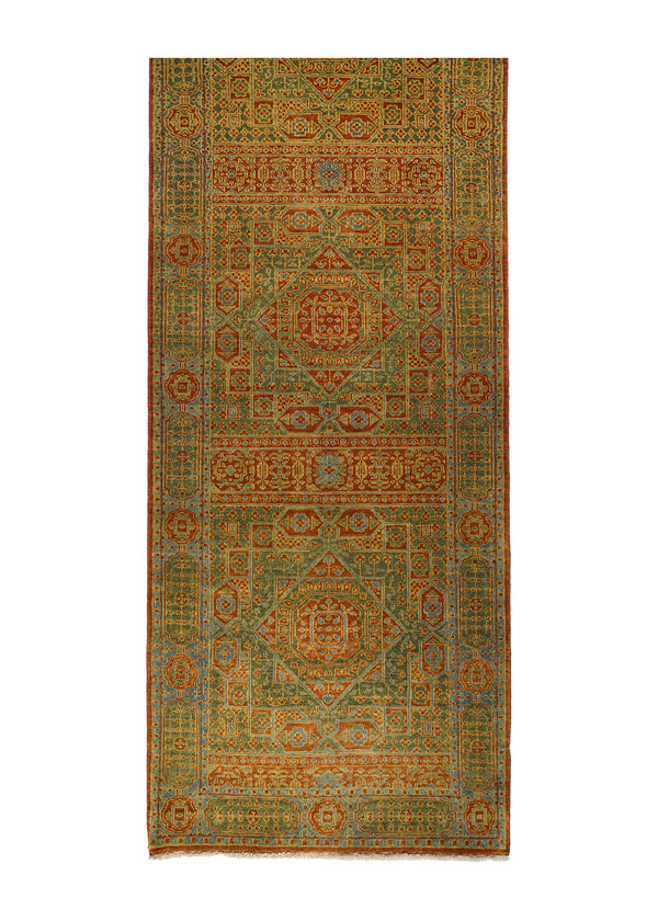 Oriental Rug Indian Handmade Runner Transitional 2'6"x17'10" (3x18) Red Green Tea Washed Mamluk Design #A22134