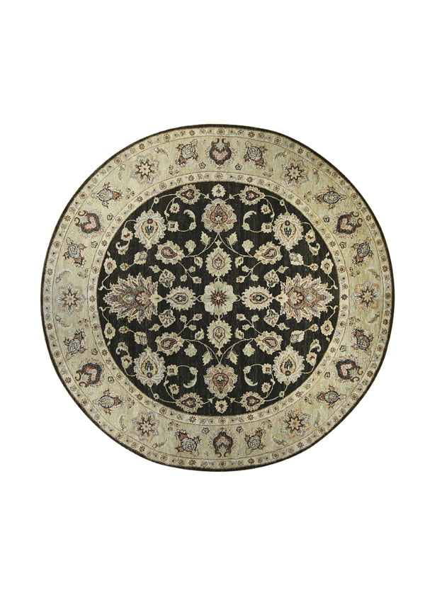 Oriental Rug Indian Handmade Round Transitional 7'9"x7'9" (8x8) Green Yellow/Gold Tea Washed Oushak Design #A22136