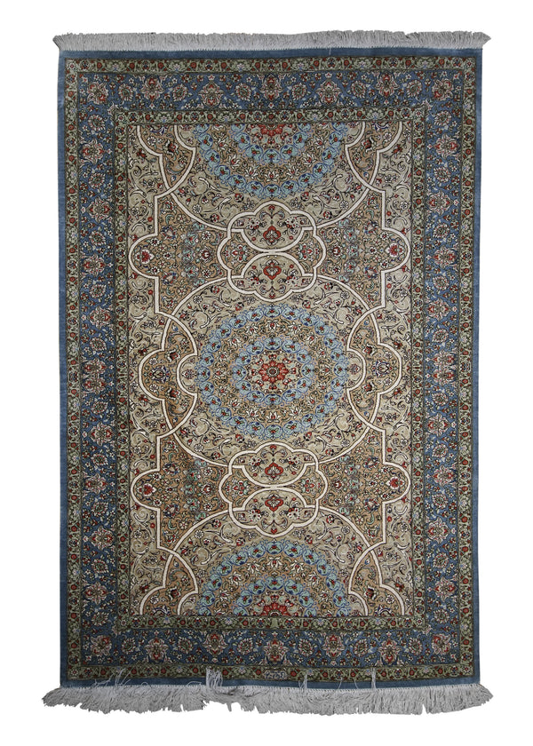 Persian Rug Qum Handmade Area Traditional 3'3"x4'10" (3x5) Whites/Beige Blue Floral Design #A22223