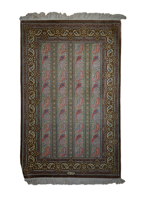 Persian Rug Qum Handmade Area Traditional 2'5"x3'10" (2x4) Green Brown Floral Paisley/Boteh Design #A22225