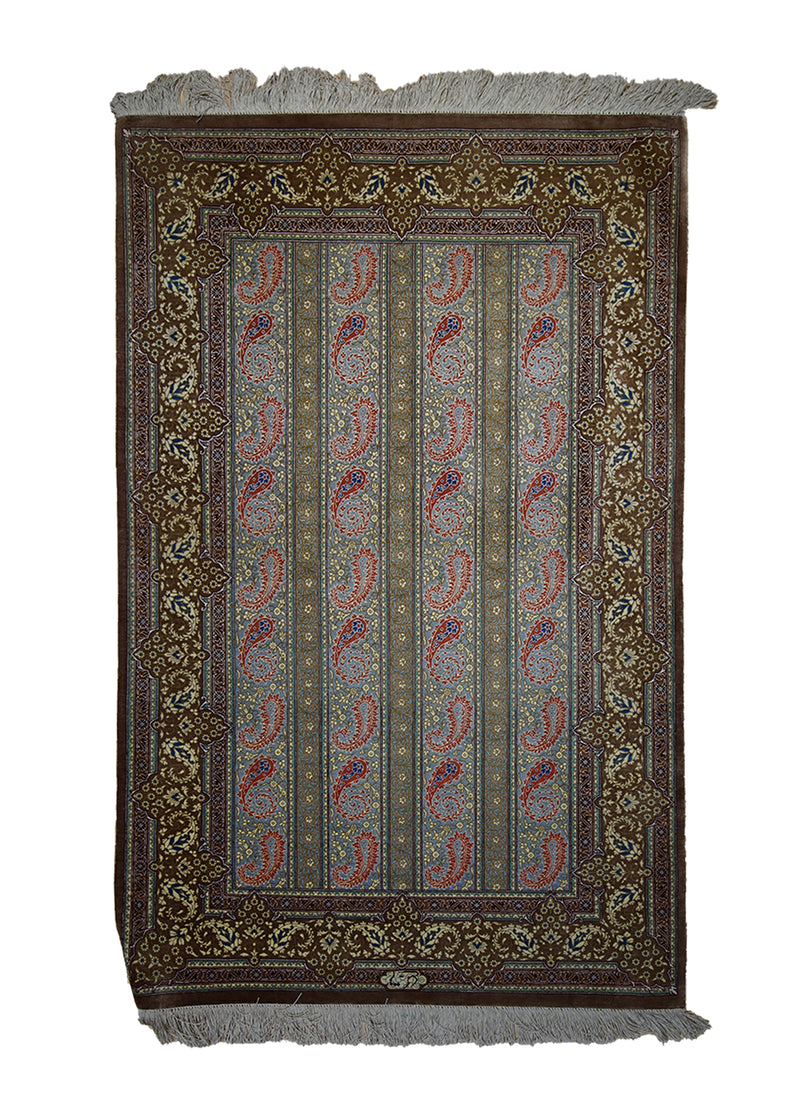 Persian Rug Qum Handmade Area Traditional 2'5"x3'10" (2x4) Green Brown Floral Paisley/Boteh Design #A22225