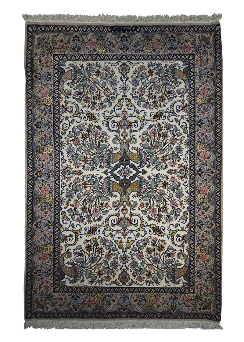 Persian Rug Isfahan Handmade Area Traditional 3'9"x5'7" (4x6) Whites/Beige Green Floral Design #A22229