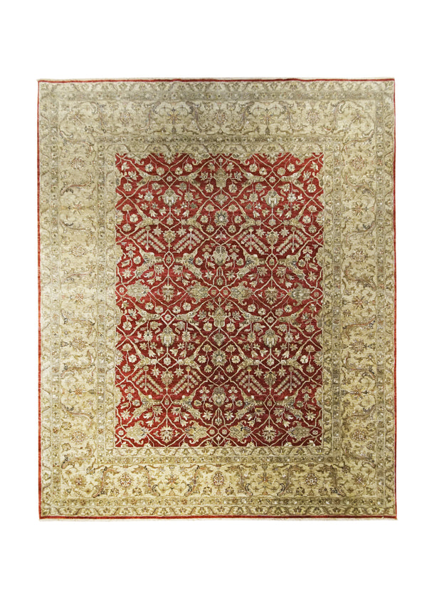 Oriental Rug Indian Handmade Area Transitional 8'0"x9'10" (8x10) Red Whites/Beige Tea Washed Oushak Design #A22279