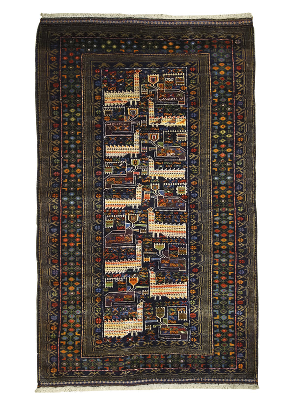 Oriental Rug Afghan Handmade Area Tribal 3'8"x6'2" (4x6) Blue Whites/Beige Geometric Design #A22291