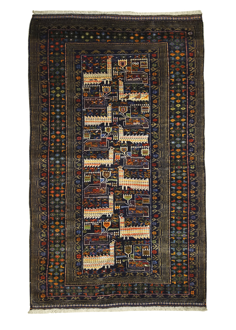 Oriental Rug Afghan Handmade Area Tribal 3'8"x6'2" (4x6) Blue Whites/Beige Geometric Design #A22291