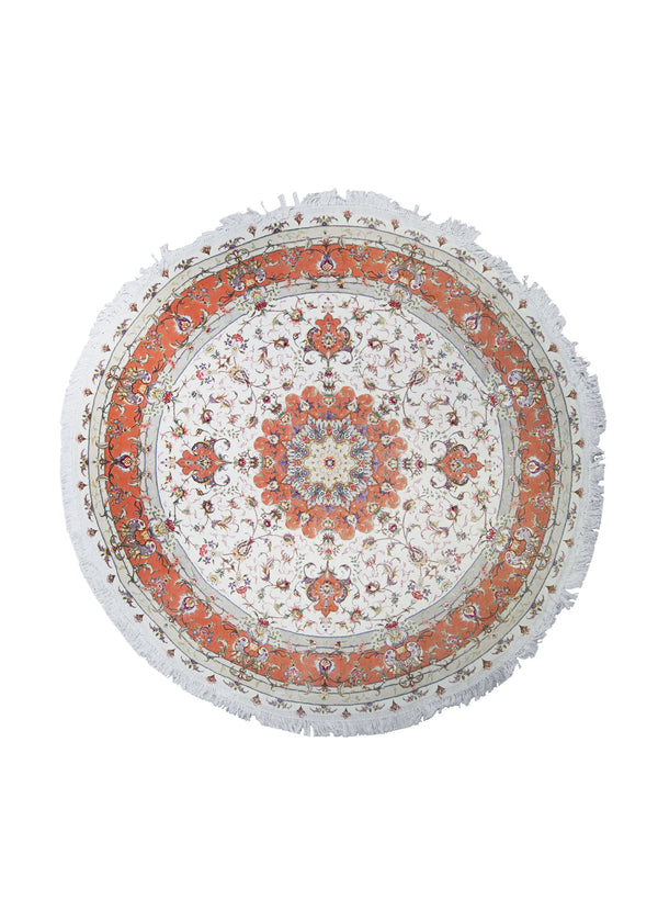 Persian Rug Tabriz Handmade Round Traditional 6'7"x6'7" (7x7) Whites/Beige Orange Floral Naghsh Design #A22319