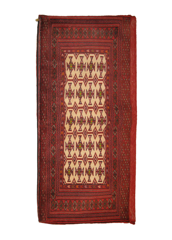 Persian Rug Turkmen Handmade Pillow Tribal 1'9"x3'2" (2x3) Whites/Beige Red Bokhara Elephant Foot Geometric Design #A22325