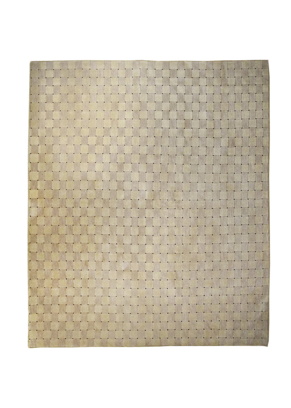 Oriental Rug Nepalese Handmade Area Modern 7'7"x8'11" (8x9) Whites/Beige Black Lattice Geometric Design #A22445