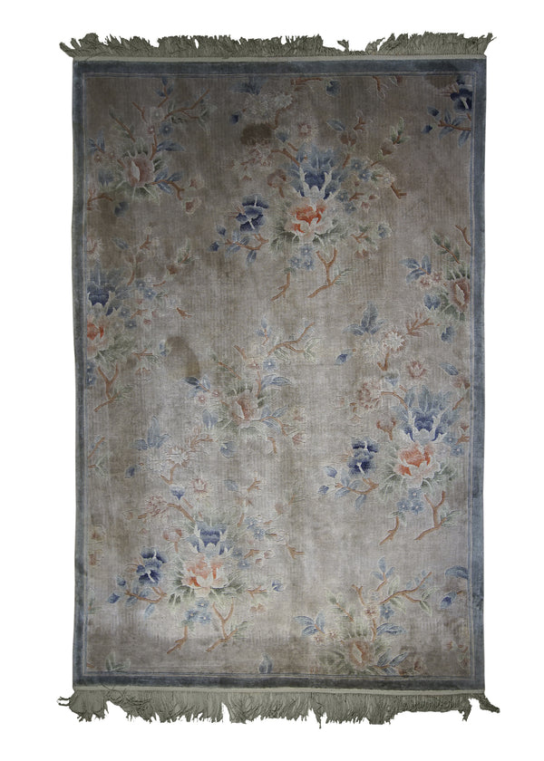 Oriental Rug Chinese Handmade Area Traditional 4'0"x6'0" (4x6) Whites/Beige Blue Floral Design #A22462