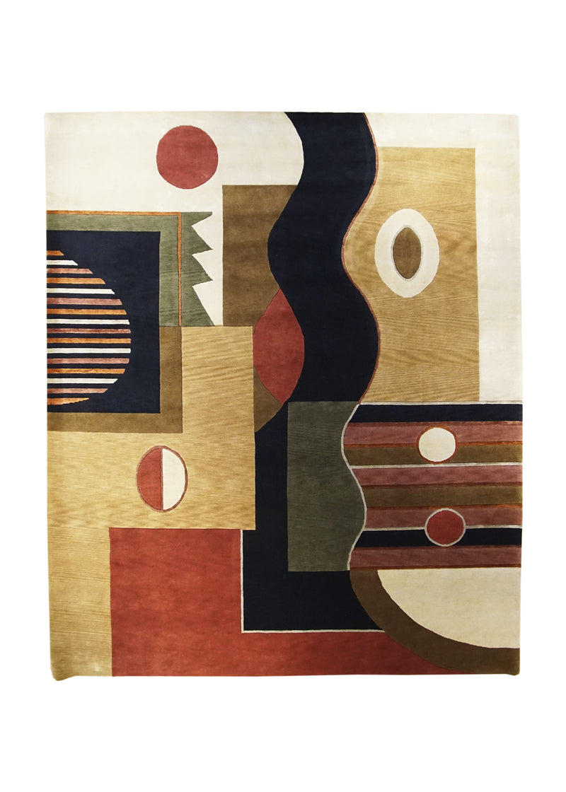 Oriental Rug Indian Handmade Area Modern 8'3"x9'10" (8x10) Multi-color Whites/Beige Art Deco Abstract Design #A22511