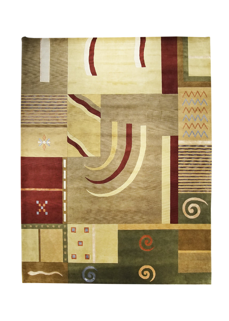 Oriental Rug Indian Handmade Area Modern 9'1"x11'9" (9x12) Multi-color Green Whites/Beige Art Deco Abstract Design #A22514