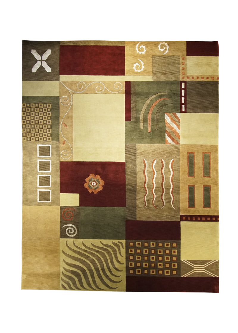 Oriental Rug Indian Handmade Area Modern 9'1"x11'8" (9x12) Multi-color Green Whites/Beige Art Deco Abstract Design #A22519