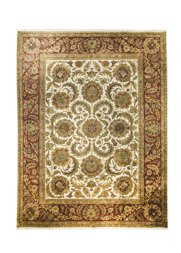Oriental Rug Indian Handmade Area Transitional 9'2"x11'10" (9x12) Whites/Beige Red Yellow/Gold Tea Washed Floral Design #A22549