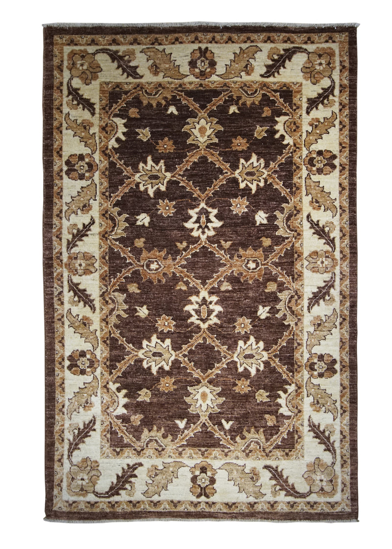 Oriental Rug Pakistani Handmade Area Transitional 4'0"x6'4" (4x6) Brown Whites/Beige Antique Washed Oushak Floral Design #A22630