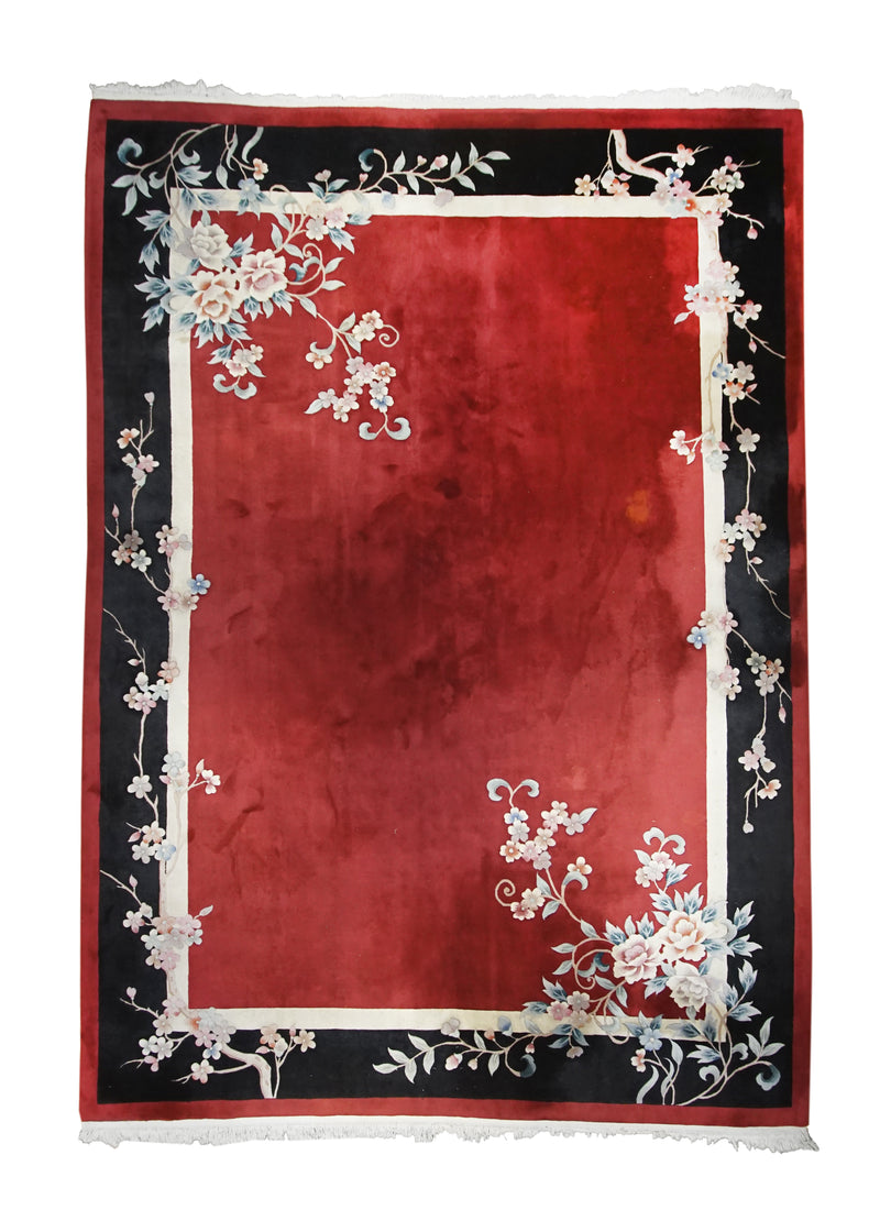 Oriental Rug Chinese Handmade Area Traditional 9'9"x13'8" (10x14) Red Black Art Deco Floral Design #A22678