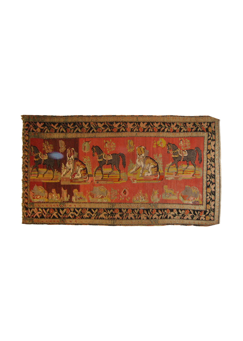 Persian Rug Azerbaijan Handmade Area Tribal Antique 4'8"x9'5" (5x9) Red Multi-color Pictorial Design #A22784