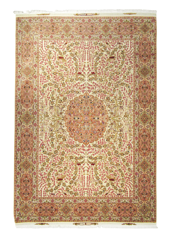 Persian Rug Tabriz Handmade Area Traditional 6'10"x9'11" (7x10) Whites/Beige Pink Tree of Life Animals Design #A22785