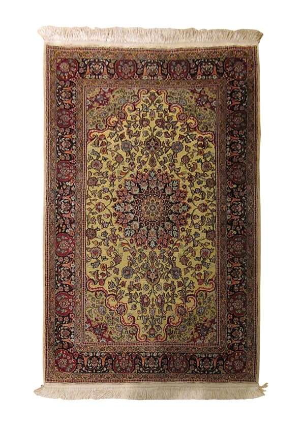 Oriental Rug Chinese Handmade Area Traditional 2'7"x3'11" (3x4) Yellow/Gold Black Hereke Floral Design #A22796