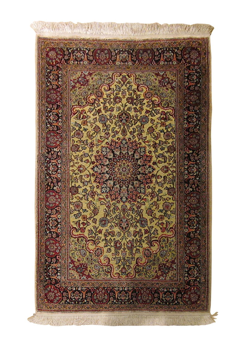 Oriental Rug Chinese Handmade Area Traditional 2'7"x3'11" (3x4) Yellow/Gold Black Hereke Floral Design #A22796