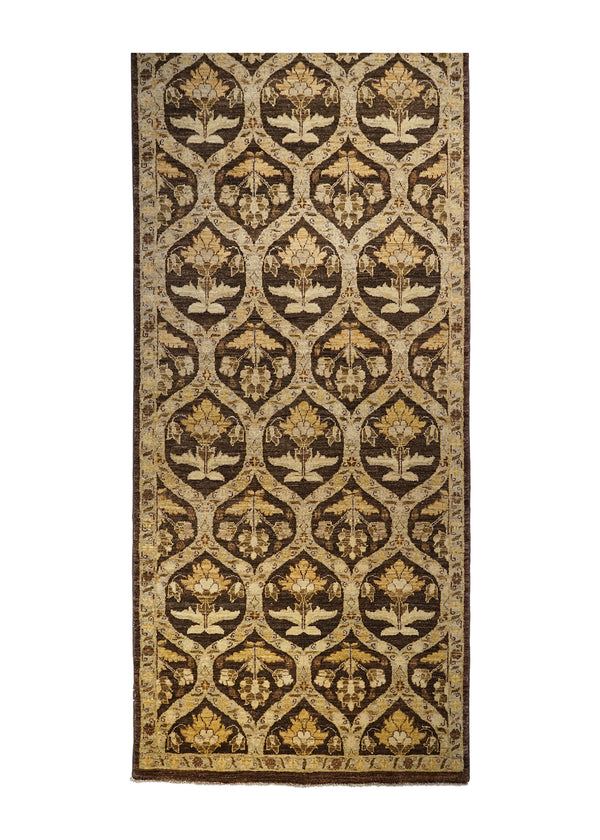 Oriental Rug Pakistani Handmade Runner Transitional 3'4"x13'6" (3x14) Brown Yellow/Gold Antique Washed Oushak Floral Design #A22958