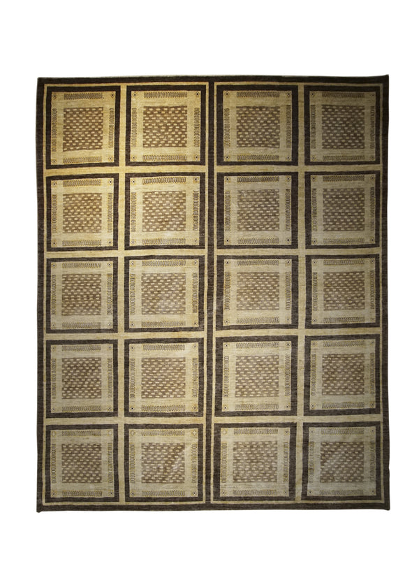 Oriental Rug Pakistani Handmade Area Transitional 8'10"x10'8" (9x11) Whites/Beige Brown Gabbeh Checkered Design #A22983