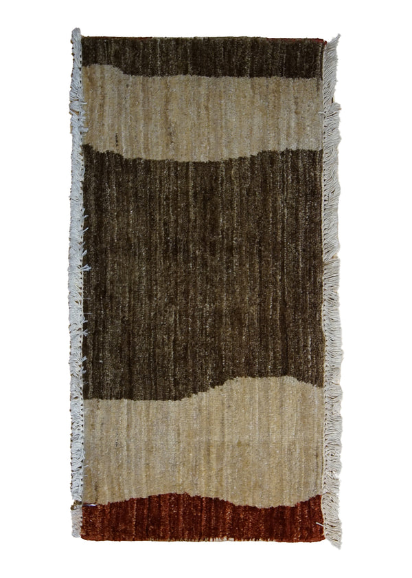 Oriental Rug Pakistani Handmade Area Transitional 1'1"x2'3" (1x2) Brown Whites/Beige Red Antique Washed Gabbeh Stripes Design #A23021