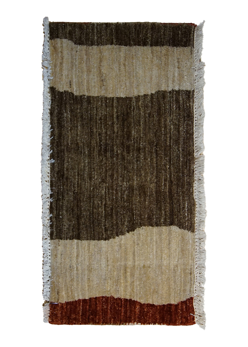 Oriental Rug Pakistani Handmade Area Transitional 1'1"x2'3" (1x2) Brown Whites/Beige Red Antique Washed Gabbeh Stripes Design #A23021