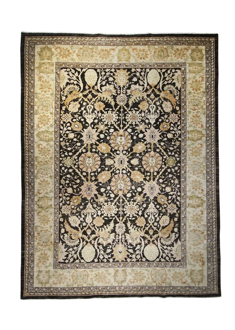 Oriental Rug Afghan Handmade Area Transitional 7'10"x10'1" (8x10) Black Whites/Beige Antique Washed Oushak Floral Design #A23044