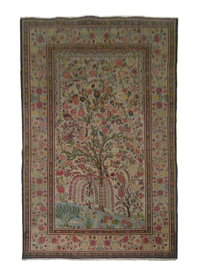 Persian Rug Tehran Handmade Area Traditional Antique 4'4"x6'10" (4x7) Whites/Beige Red Tree of Life Design #A23074
