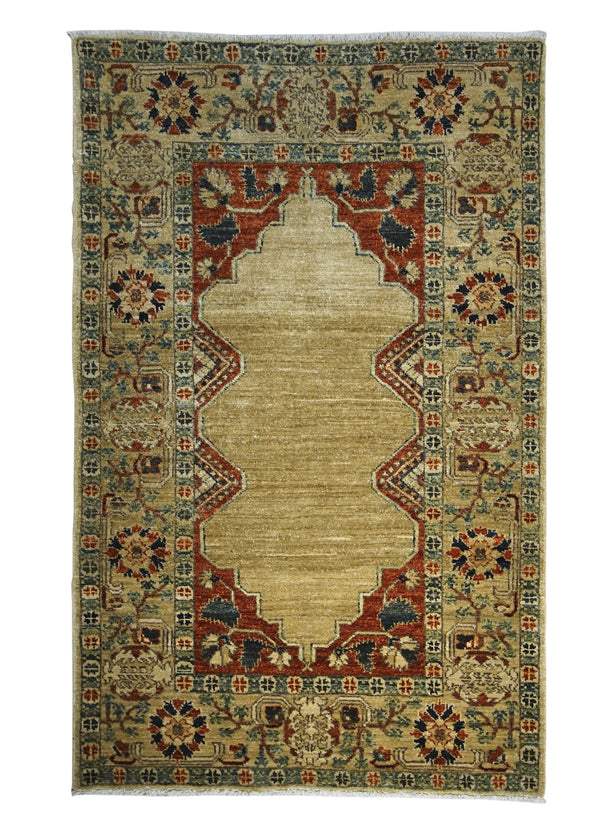 Oriental Rug Pakistani Handmade Area Transitional 3'0"x4'9" (3x5) Whites/Beige Red Antique Washed Geometric Design #A23088