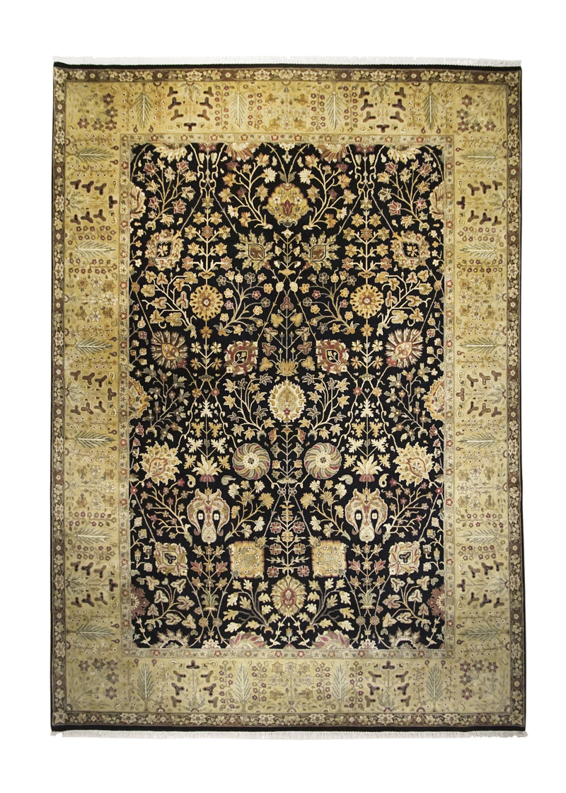 Oriental Rug Indian Handmade Area Transitional 10'2"x14'5" (10x14) Black Yellow/Gold Green Tea Washed Floral Design #A23096