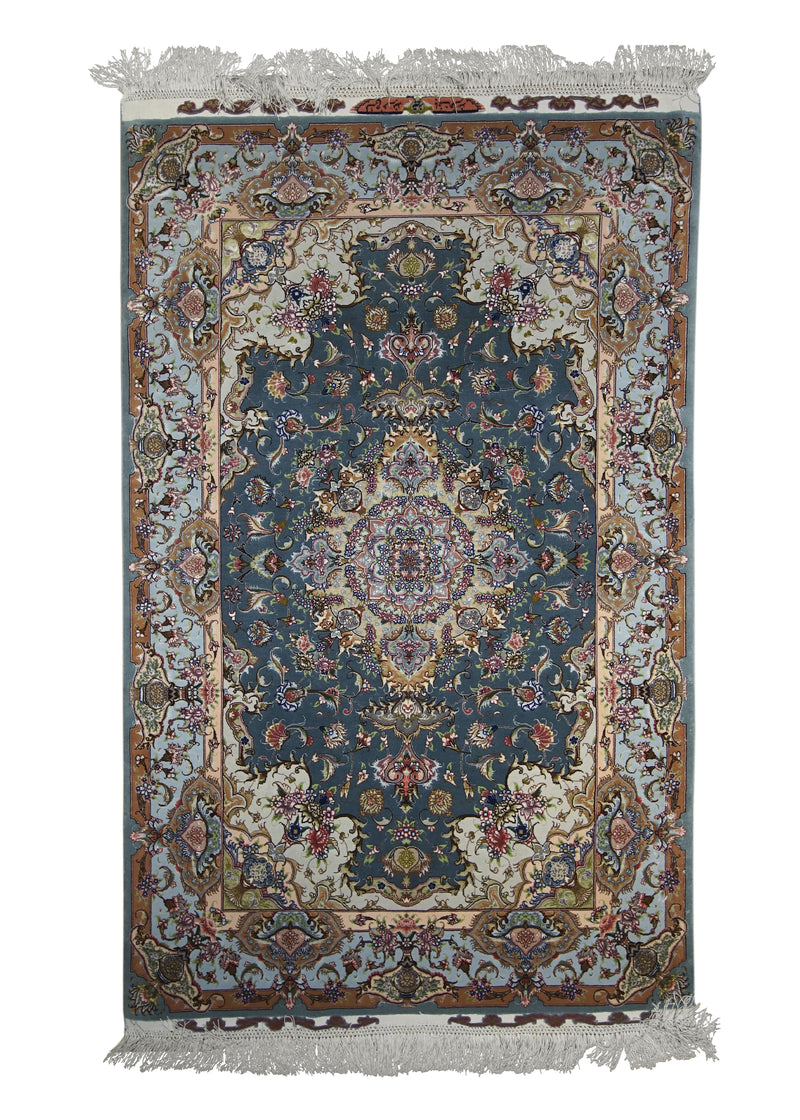 Persian Rug Tabriz Handmade Area Traditional 3'4"x5'2" (3x5) Blue Pink Naghsh Floral Design #A23135