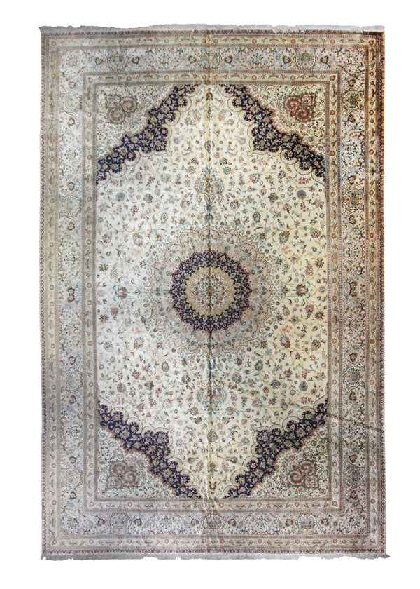 Persian Rug Qum Handmade Area Traditional 12'7"x19'2" (13x19) Whites/Beige Pink Blue Floral Design #A23151