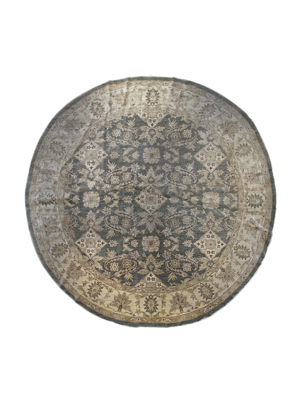 Oriental Rug Pakistani Handmade Round Transitional Neutral 10'9"x11'6" (11x12) Blue Yellow/Gold Brown Antique Washed Oushak Floral Design #A23261