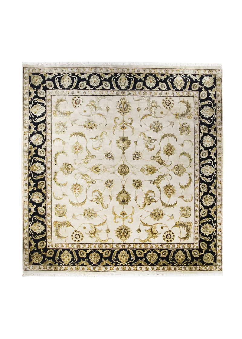 Oriental Rug Indian Handmade Square Transitional 7'11"x8'2" (8x8) Whites/Beige Black Tea Washed Floral Oushak Design #A23321