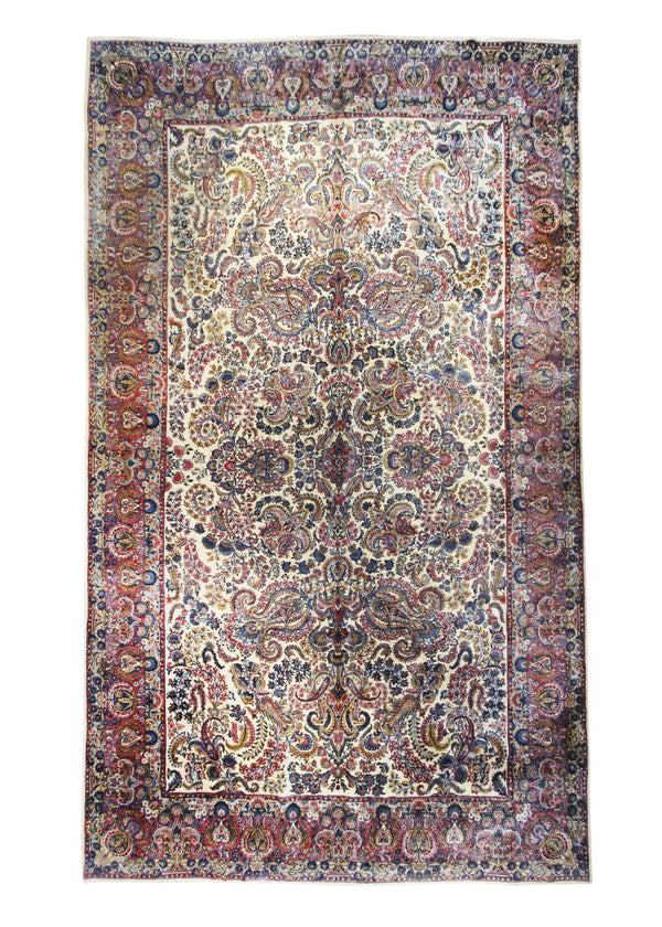 Persian Rug Lavar Kerman Handmade Area Traditional Antique 10'8"x17'10" (11x18) Whites/Beige Pink Floral Design #A23324